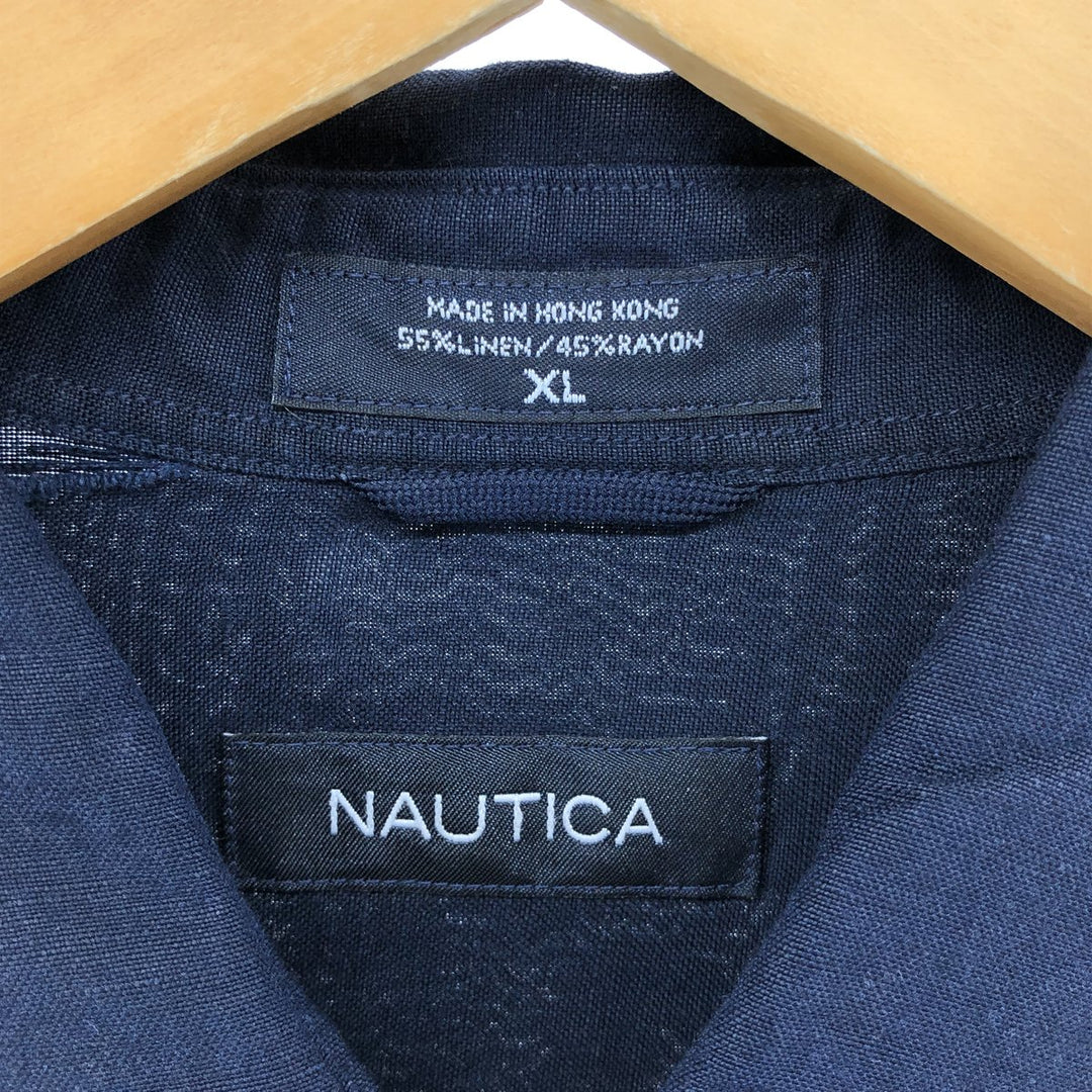 00s~ NAUTICA Short Sleeve Linen Shirt, Box Shirt, Men's XL Size linen navy blue type Vintage Second Hand