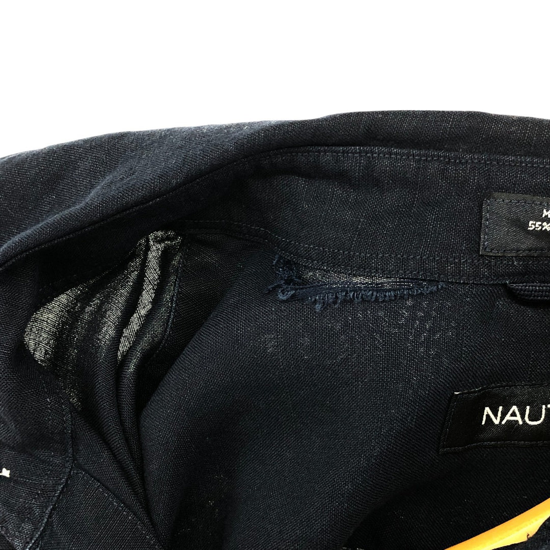 00s~ NAUTICA Short Sleeve Linen Shirt, Box Shirt, Men's XL Size linen navy blue type Vintage Second Hand