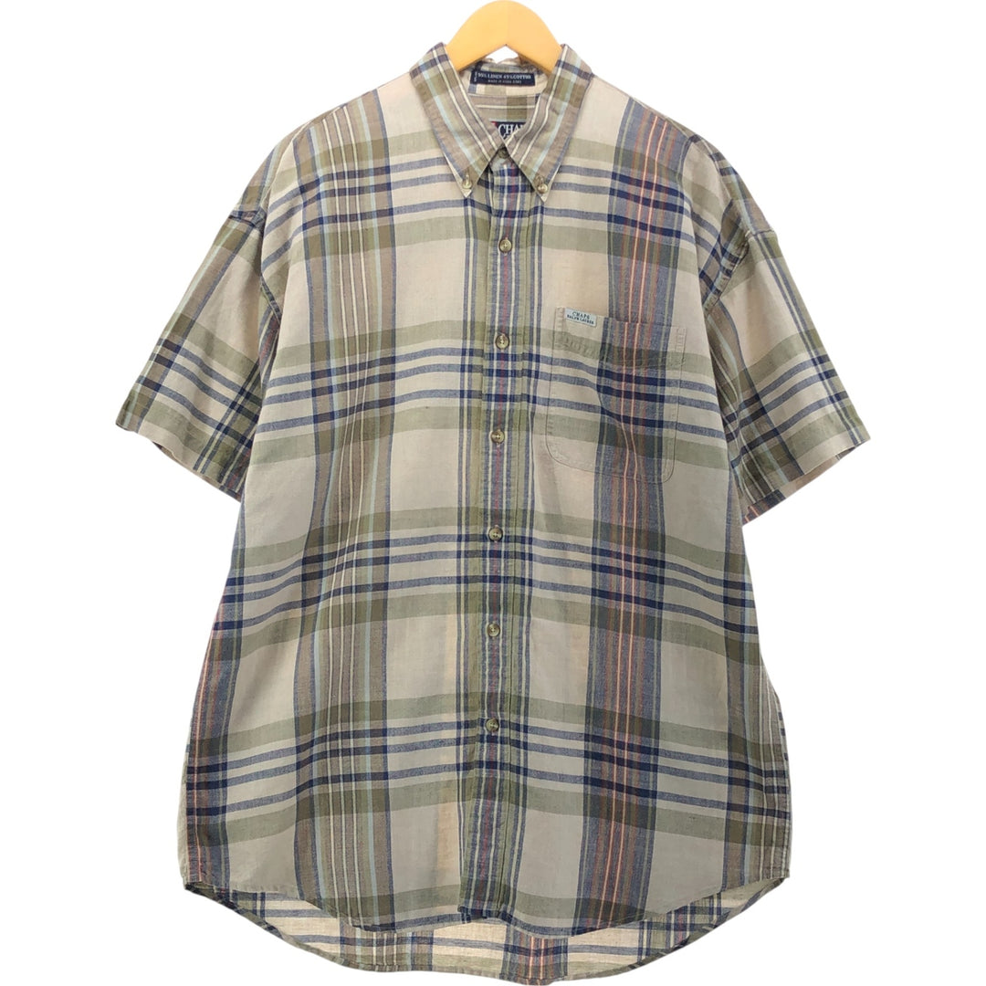 90'S Ralph Lauren Chaps Check Pattern Short Sleeve Linen Button Down Shirt Men's Size L Vintage linen Beige type Vintage Second Hand