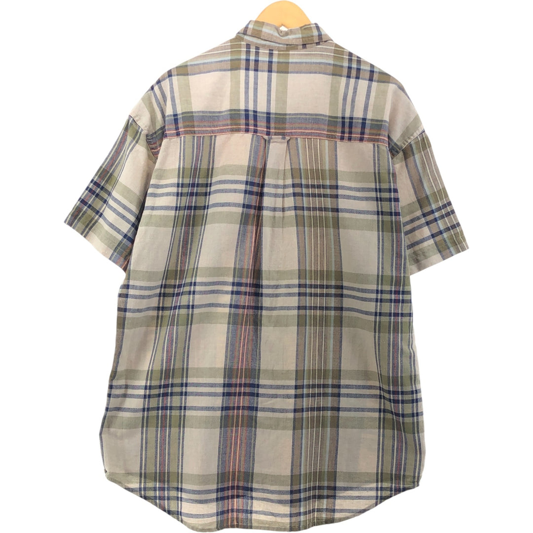 90'S Ralph Lauren Chaps Check Pattern Short Sleeve Linen Button Down Shirt Men's Size L Vintage linen Beige type Vintage Second Hand