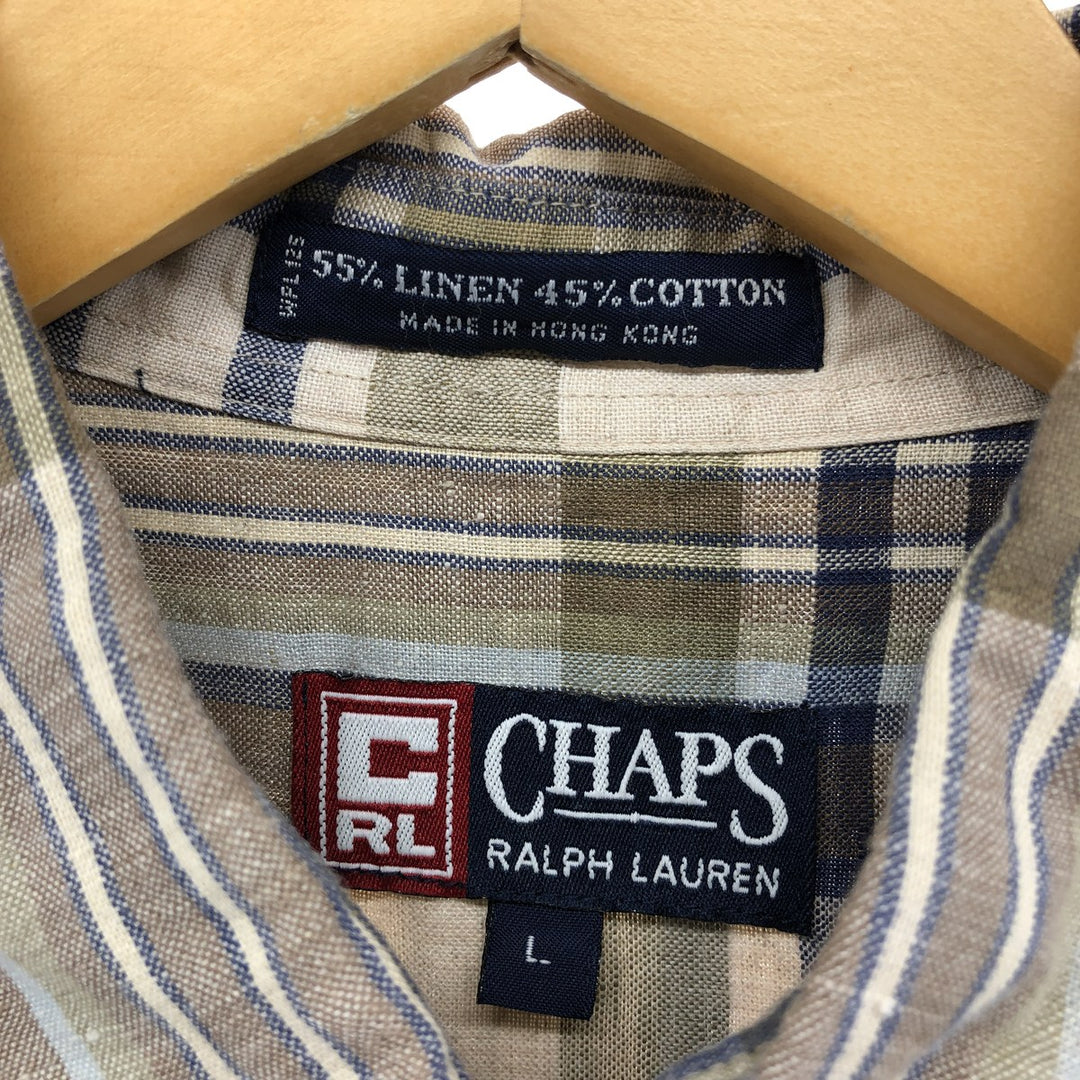 90'S Ralph Lauren Chaps Check Pattern Short Sleeve Linen Button Down Shirt Men's Size L Vintage linen Beige type Vintage Second Hand