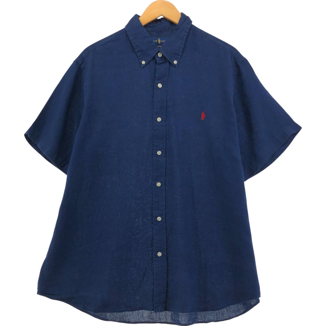 Ralph Lauren Classic Fit Short Sleeve Linen Button Down Shirt Men's XL linen navy blue type Vintage Second Hand