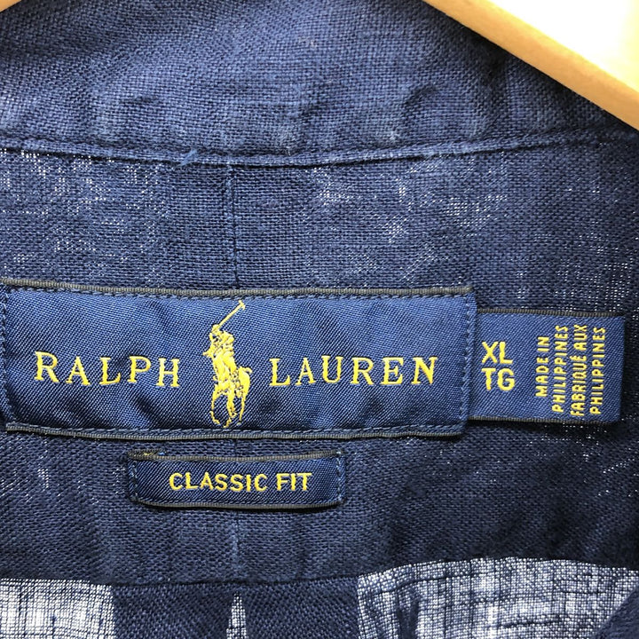 Ralph Lauren Classic Fit Short Sleeve Linen Button Down Shirt Men's XL linen navy blue type Vintage Second Hand