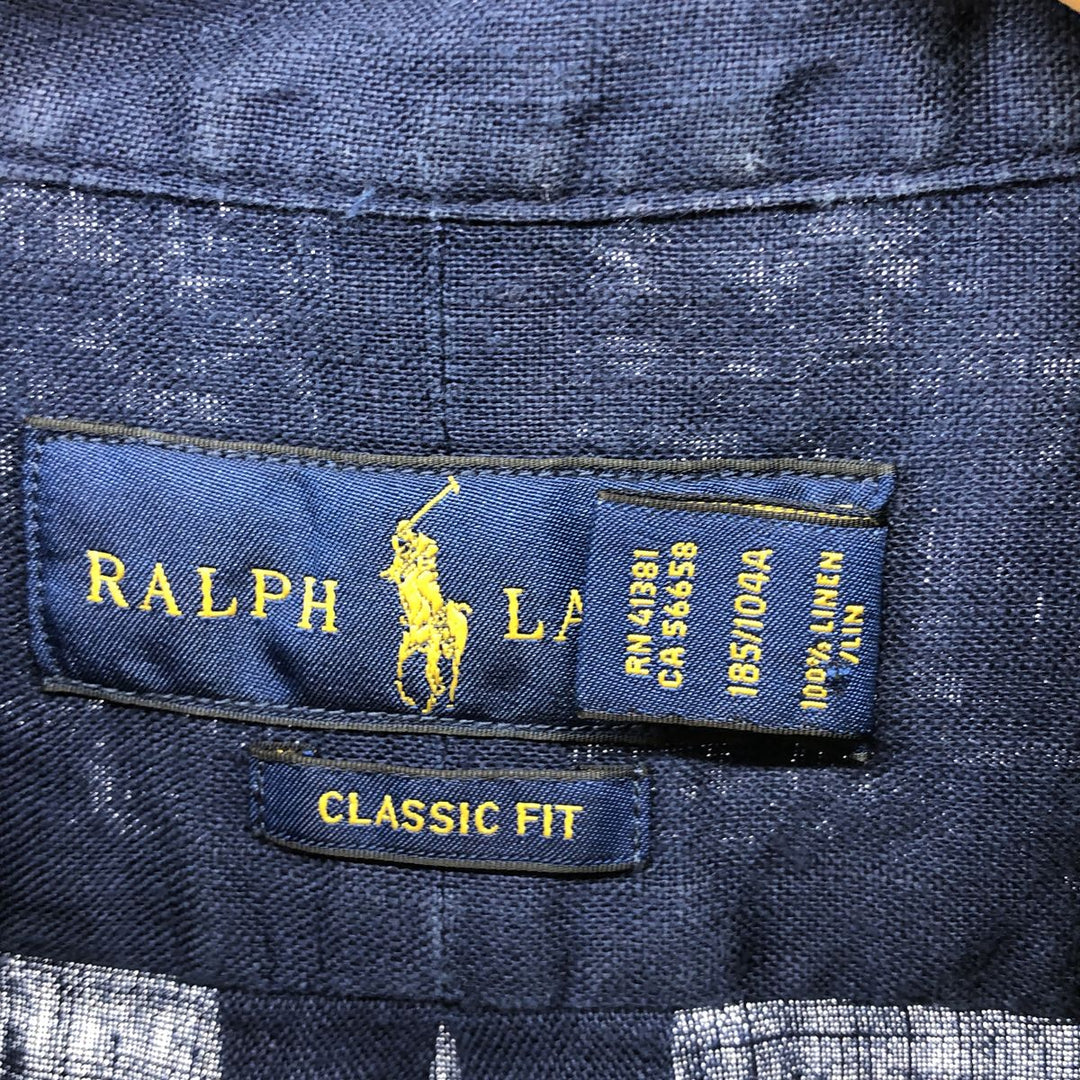 Ralph Lauren Classic Fit Short Sleeve Linen Button Down Shirt Men's XL linen navy blue type Vintage Second Hand