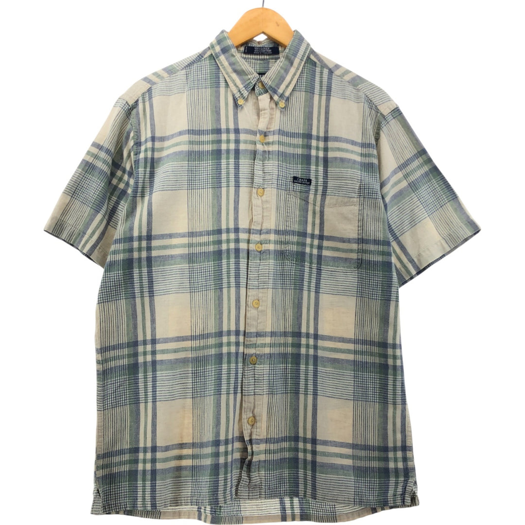 90'S Ralph Lauren Chaps Check Pattern Short Sleeve Cotton x Linen Button Down Shirt Men's M Vintage linen ivory Vintage Second Hand