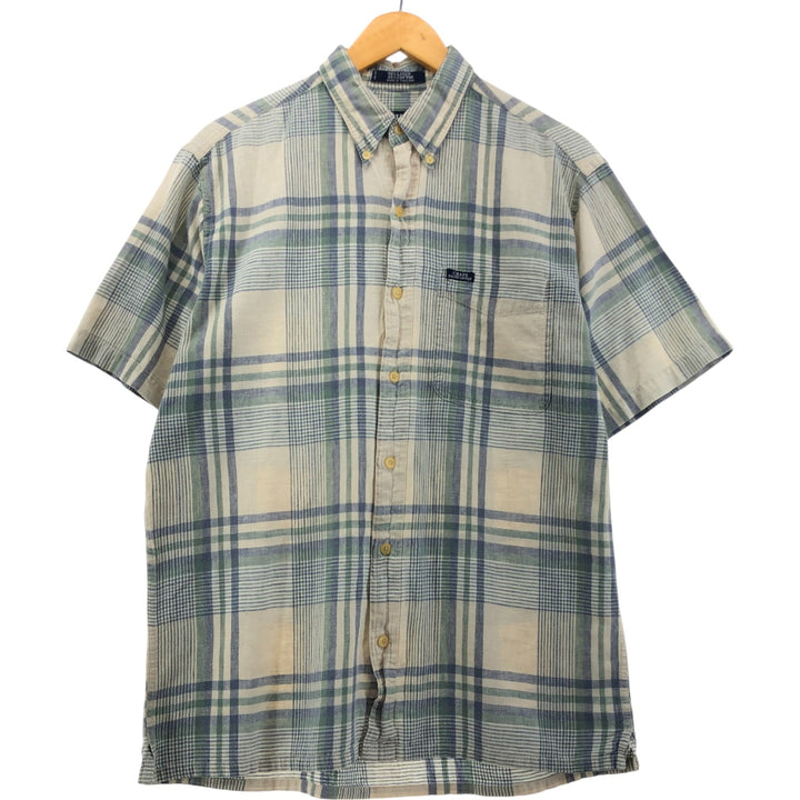 90'S Ralph Lauren Chaps Check Pattern Short Sleeve Cotton x Linen Button Down Shirt Men's M Vintage linen ivory Vintage Second Hand