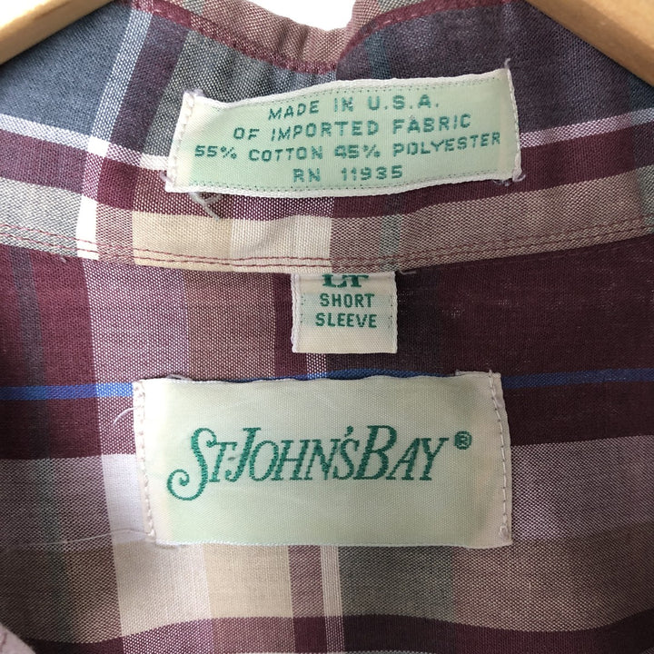 St. John's Bay Short Sleeve Button-Down Check Shirt, Made in USA, Men's Size L cotton wine-red Vintage Second Hand