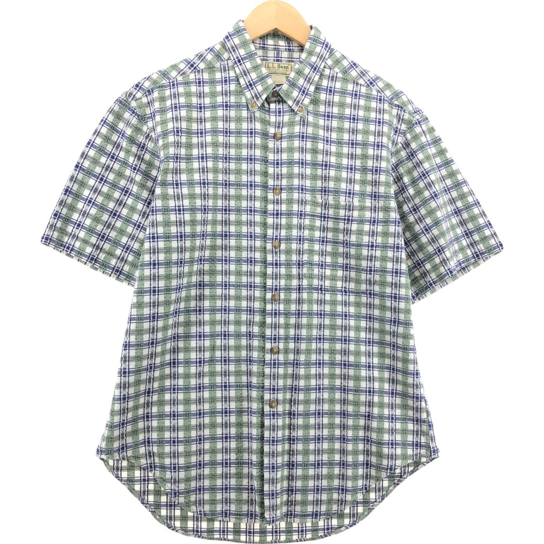 Vintage 80s-90'S LL Bean Seersucker Short Sleeve Button-Down Check Shirt Made in USA Men's M Size unclear green type Vintage Second Hand
