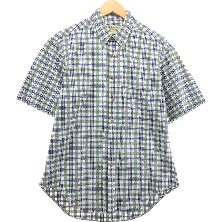Vintage 80s-90'S LL Bean Seersucker Short Sleeve Button-Down Check Shirt Made in USA Men's M Size unclear green type Vintage Second Hand