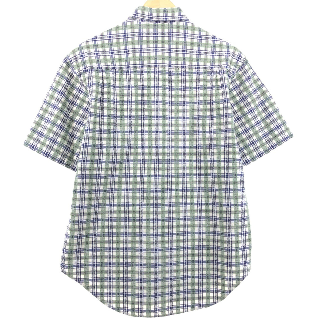 Vintage 80s-90'S LL Bean Seersucker Short Sleeve Button-Down Check Shirt Made in USA Men's M Size unclear green type Vintage Second Hand