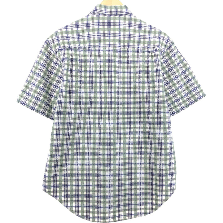 Vintage 80s-90'S LL Bean Seersucker Short Sleeve Button-Down Check Shirt Made in USA Men's M Size unclear green type Vintage Second Hand