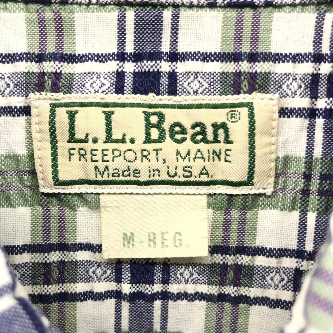 Vintage 80s-90'S LL Bean Seersucker Short Sleeve Button-Down Check Shirt Made in USA Men's M Size unclear green type Vintage Second Hand