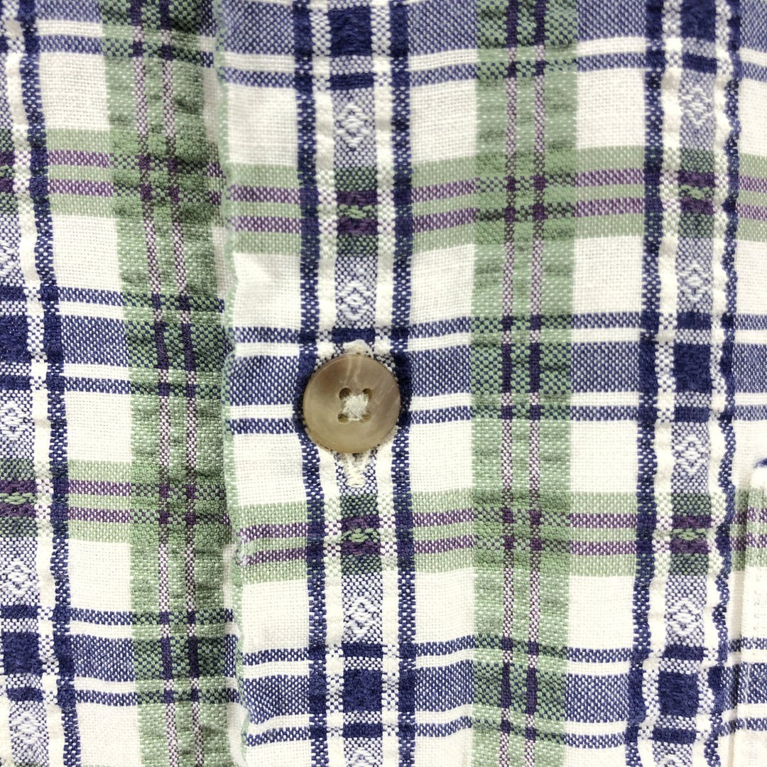 Vintage 80s-90'S LL Bean Seersucker Short Sleeve Button-Down Check Shirt Made in USA Men's M Size unclear green type Vintage Second Hand