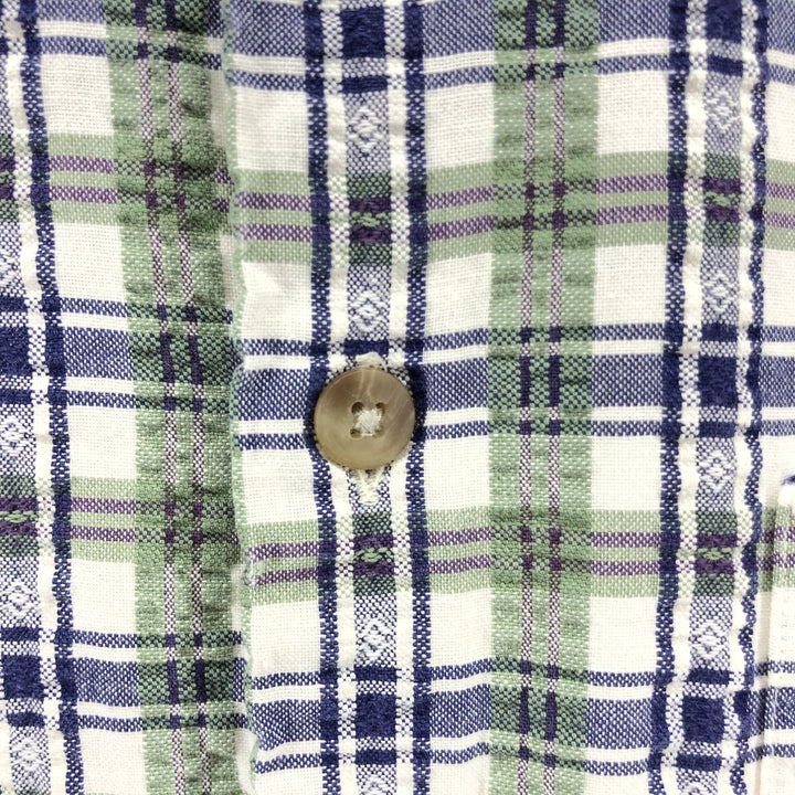 Vintage 80s-90'S LL Bean Seersucker Short Sleeve Button-Down Check Shirt Made in USA Men's M Size unclear green type Vintage Second Hand