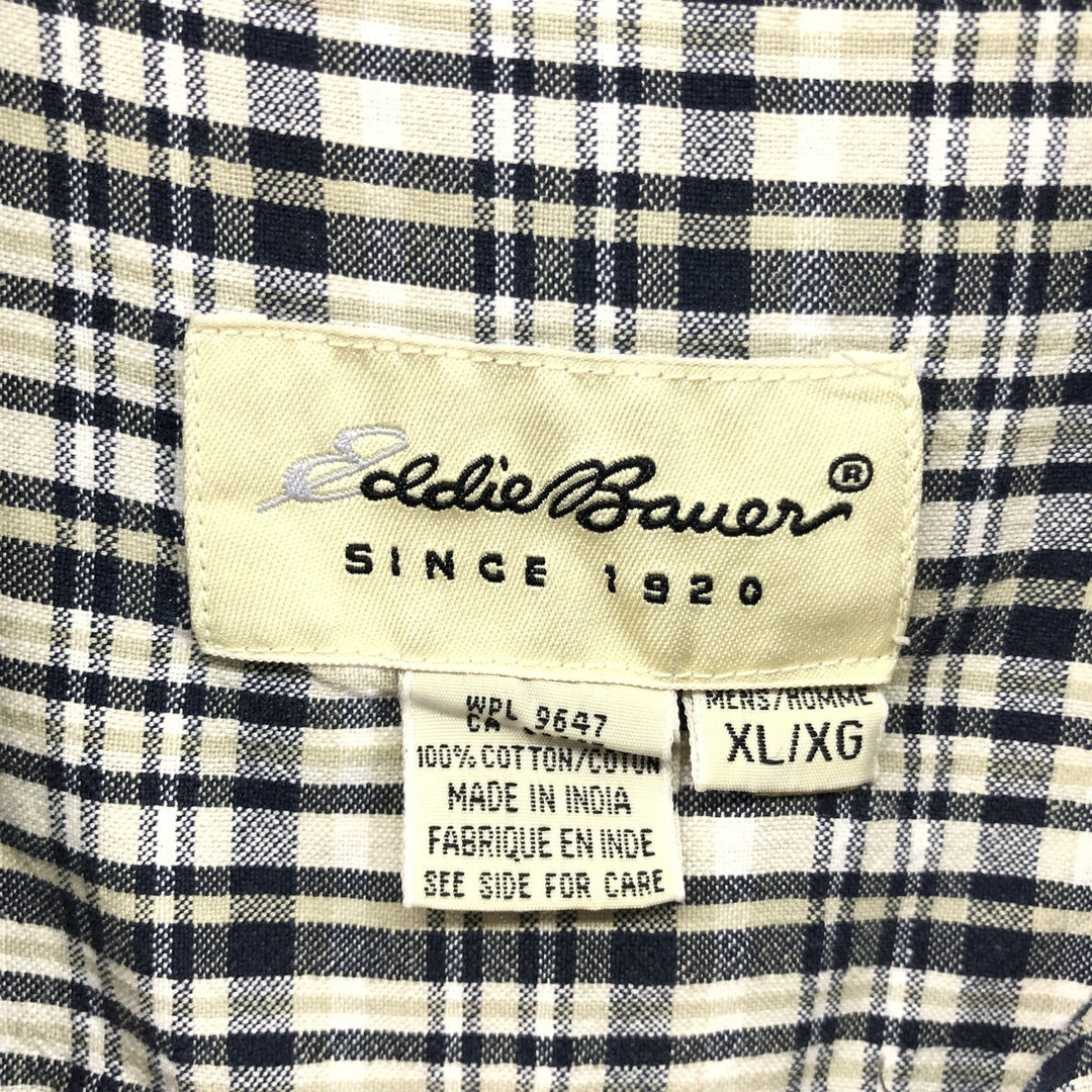 Eddie Bauer short sleeve button down check shirt, men's XL size cotton navy blue type Vintage Second Hand