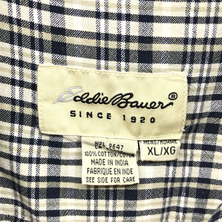 Eddie Bauer short sleeve button down check shirt, men's XL size cotton navy blue type Vintage Second Hand