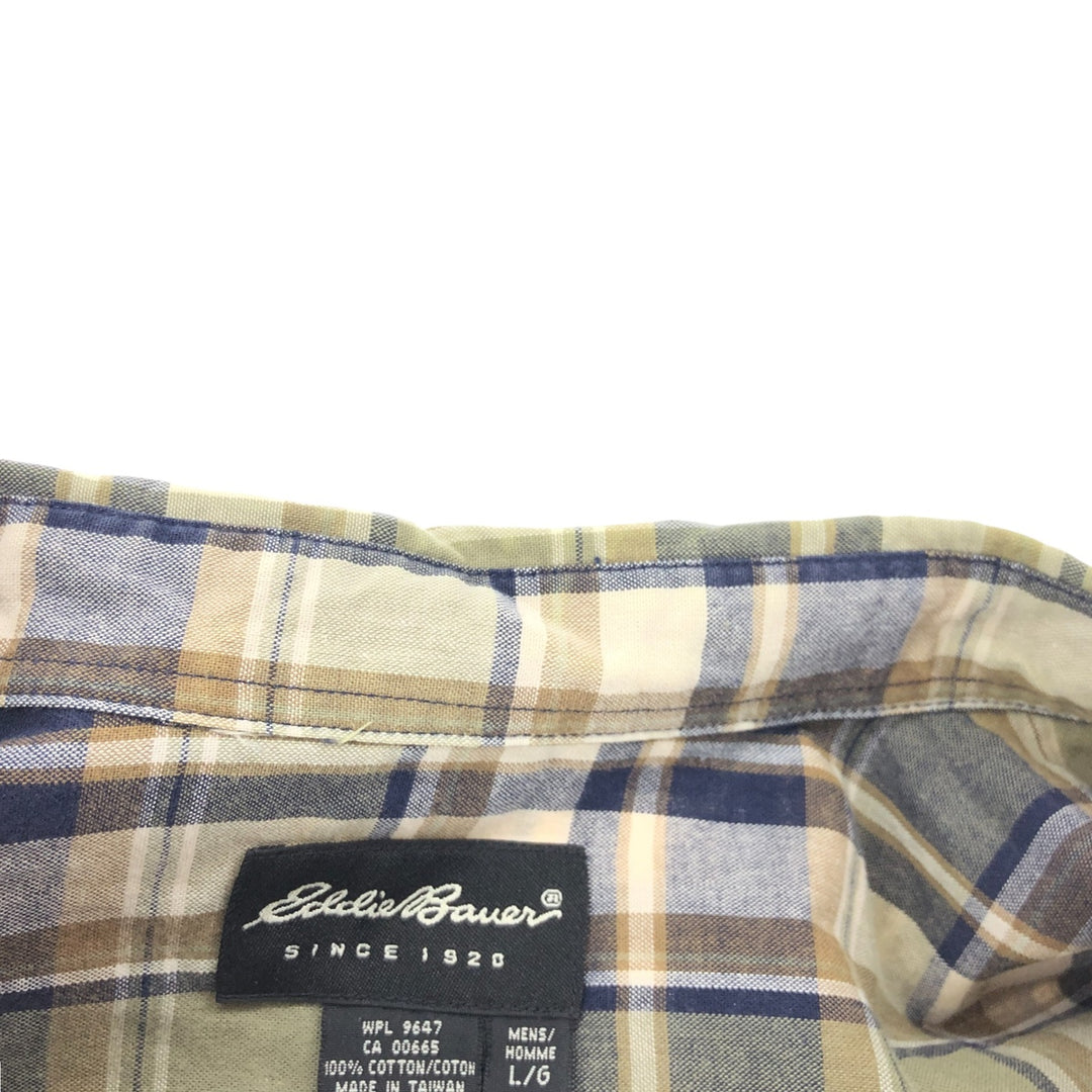 Eddie Bauer short sleeve button down check shirt, men's size L cotton Khaki type beige Vintage Second Hand