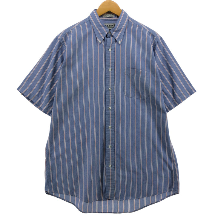 80s-90'S LLBean Short Sleeve Button-Down Striped Shirt Made in USA Men's Size L Vintage cotton Blue type light blue Vintage Second Hand