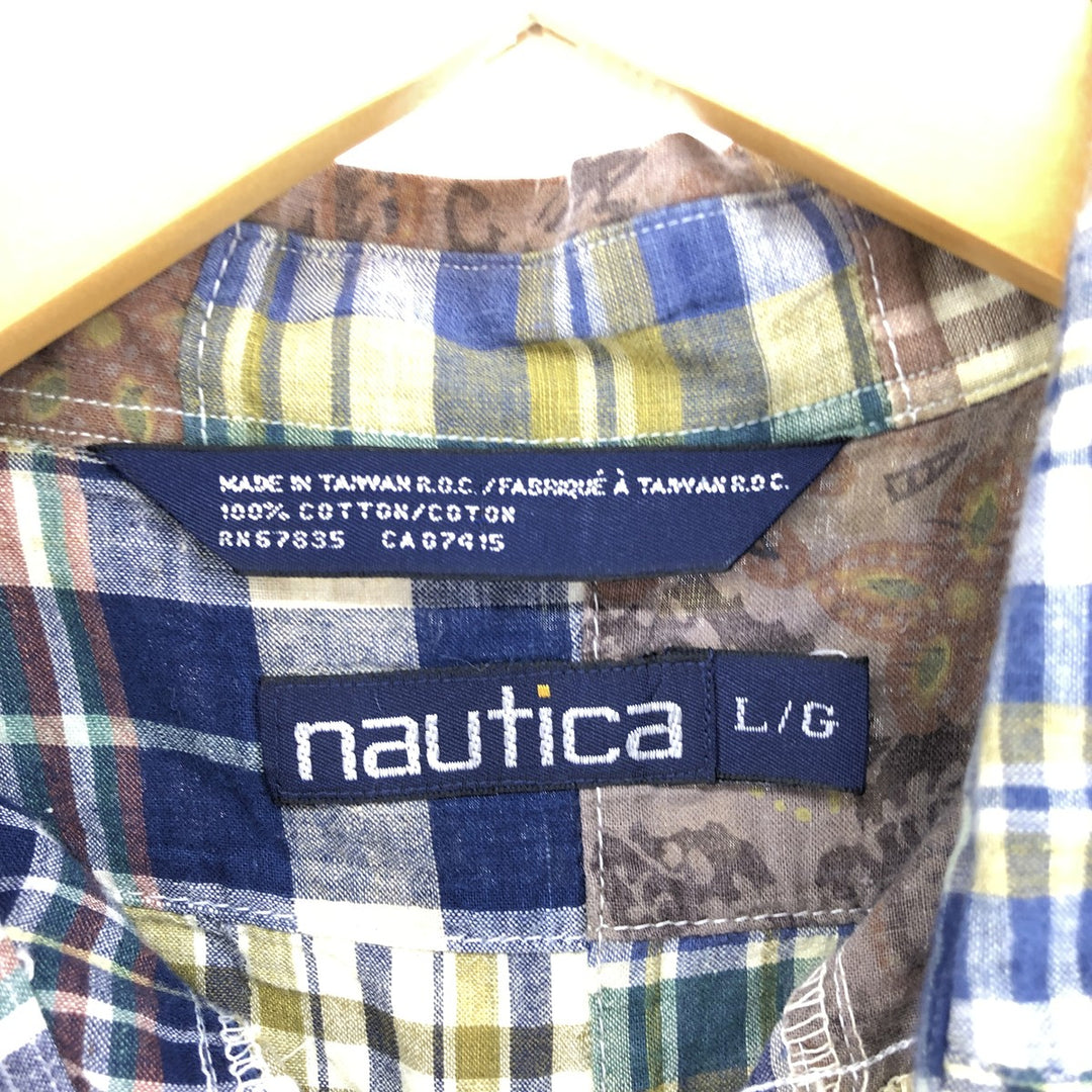 90'S NAUTICA patchwork short sleeve button down check shirt men's size L vintage cotton yellow type Vintage Second Hand