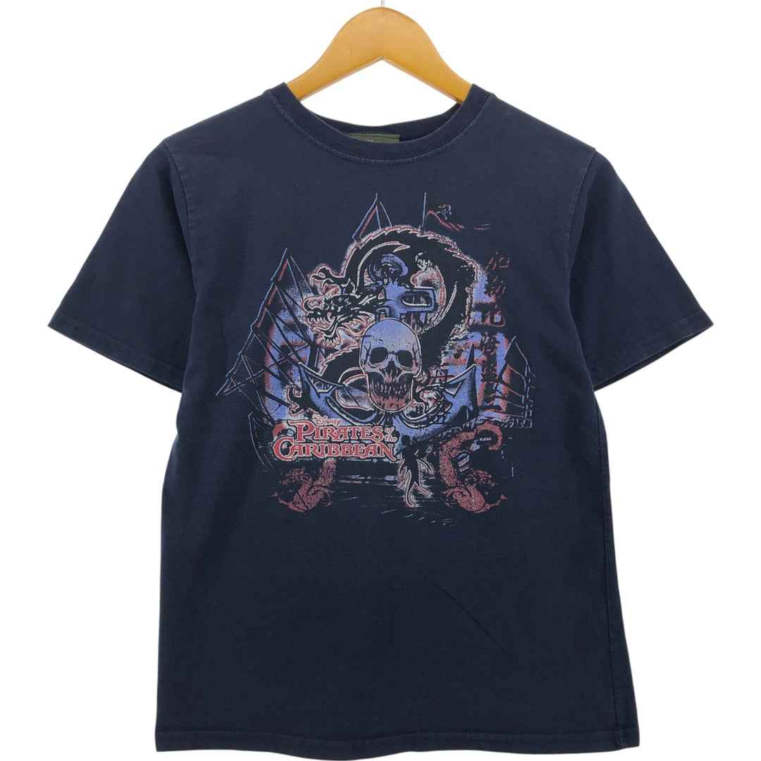 00'S Disney Pirates of the Caribbean Skull Pattern Dragon Pattern Print T-shirt Made in USA Women's L size cotton navy blue type Vintage Second Hand