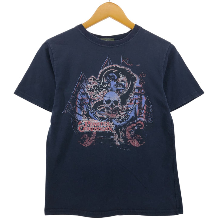 00'S Disney Pirates of the Caribbean Skull Pattern Dragon Pattern Print T-shirt Made in USA Women's L size cotton navy blue type Vintage Second Hand