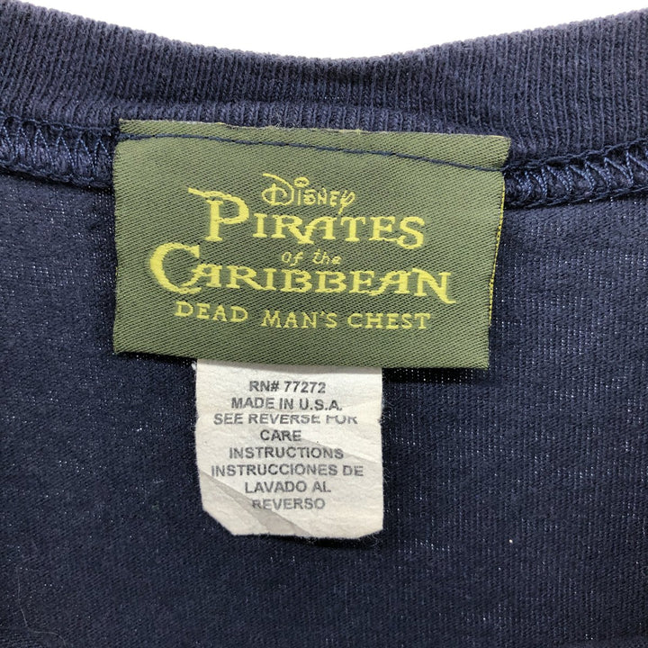 00'S Disney Pirates of the Caribbean Skull Pattern Dragon Pattern Print T-shirt Made in USA Women's L size cotton navy blue type Vintage Second Hand