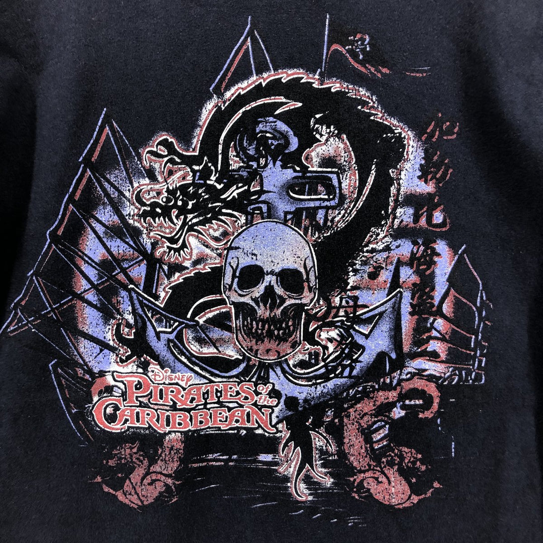 00'S Disney Pirates of the Caribbean Skull Pattern Dragon Pattern Print T-shirt Made in USA Women's L size cotton navy blue type Vintage Second Hand