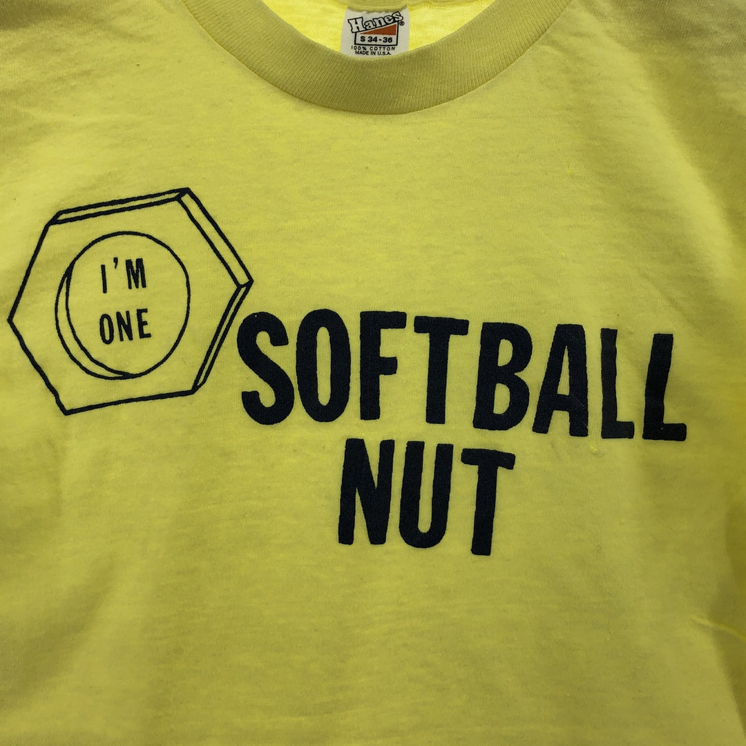 Vintage 70'S Hanes Triangle Tag Printed T-Shirt Made in USA Women's S Size cotton yellow type Vintage Second Hand