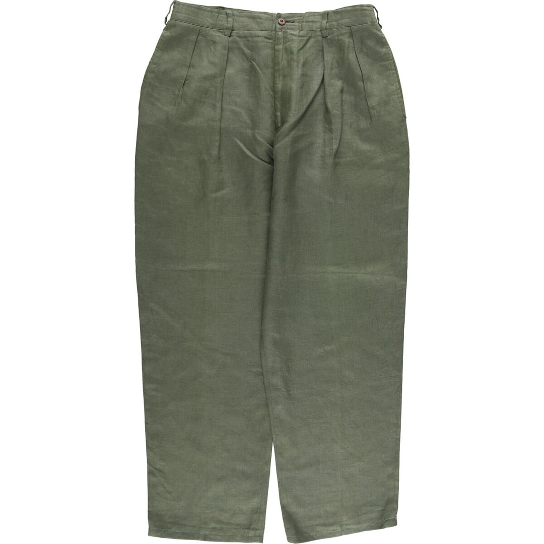 90'S J.Crew Two-pleat Linen Pants Slacks Men's W32 Vintage linen Khaki type Vintage Second Hand
