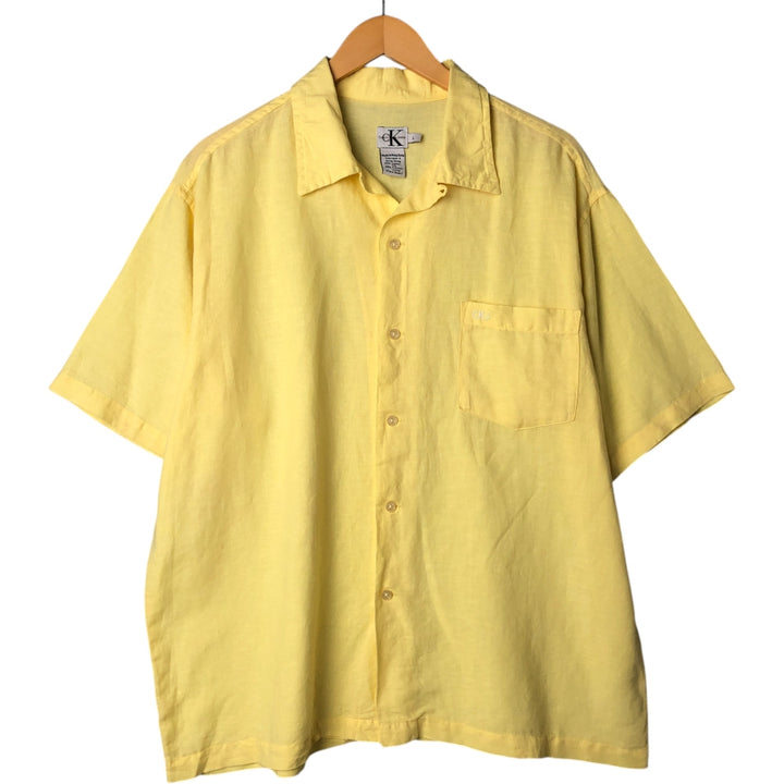 90s-00'S Calvin Klein Jeans Short Sleeve Open Collar Cotton and Linen Box Shirt, Men's Size L linen yellow type Vintage Second Hand