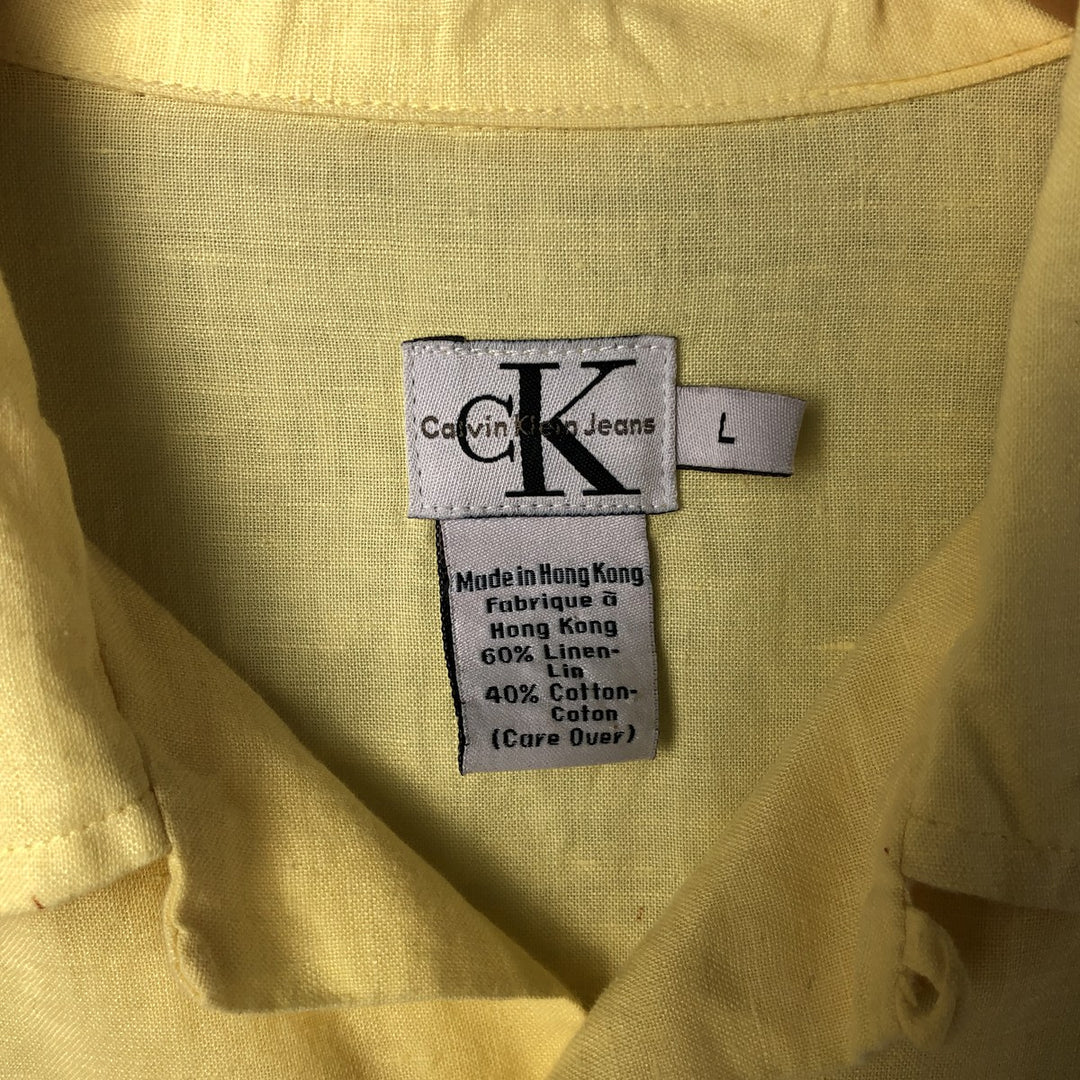 90s-00'S Calvin Klein Jeans Short Sleeve Open Collar Cotton and Linen Box Shirt, Men's Size L linen yellow type Vintage Second Hand
