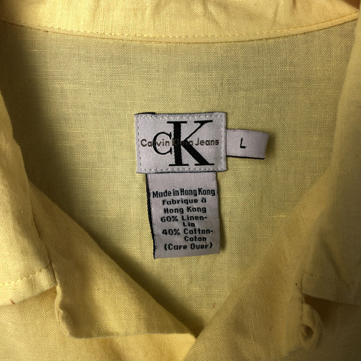90s-00'S Calvin Klein Jeans Short Sleeve Open Collar Cotton and Linen Box Shirt, Men's Size L linen yellow type Vintage Second Hand