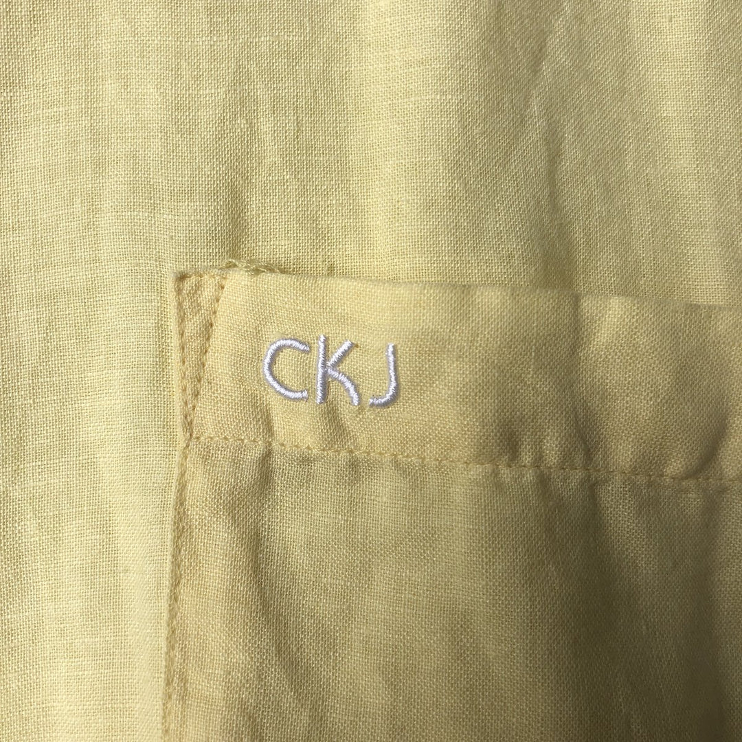 90s-00'S Calvin Klein Jeans Short Sleeve Open Collar Cotton and Linen Box Shirt, Men's Size L linen yellow type Vintage Second Hand