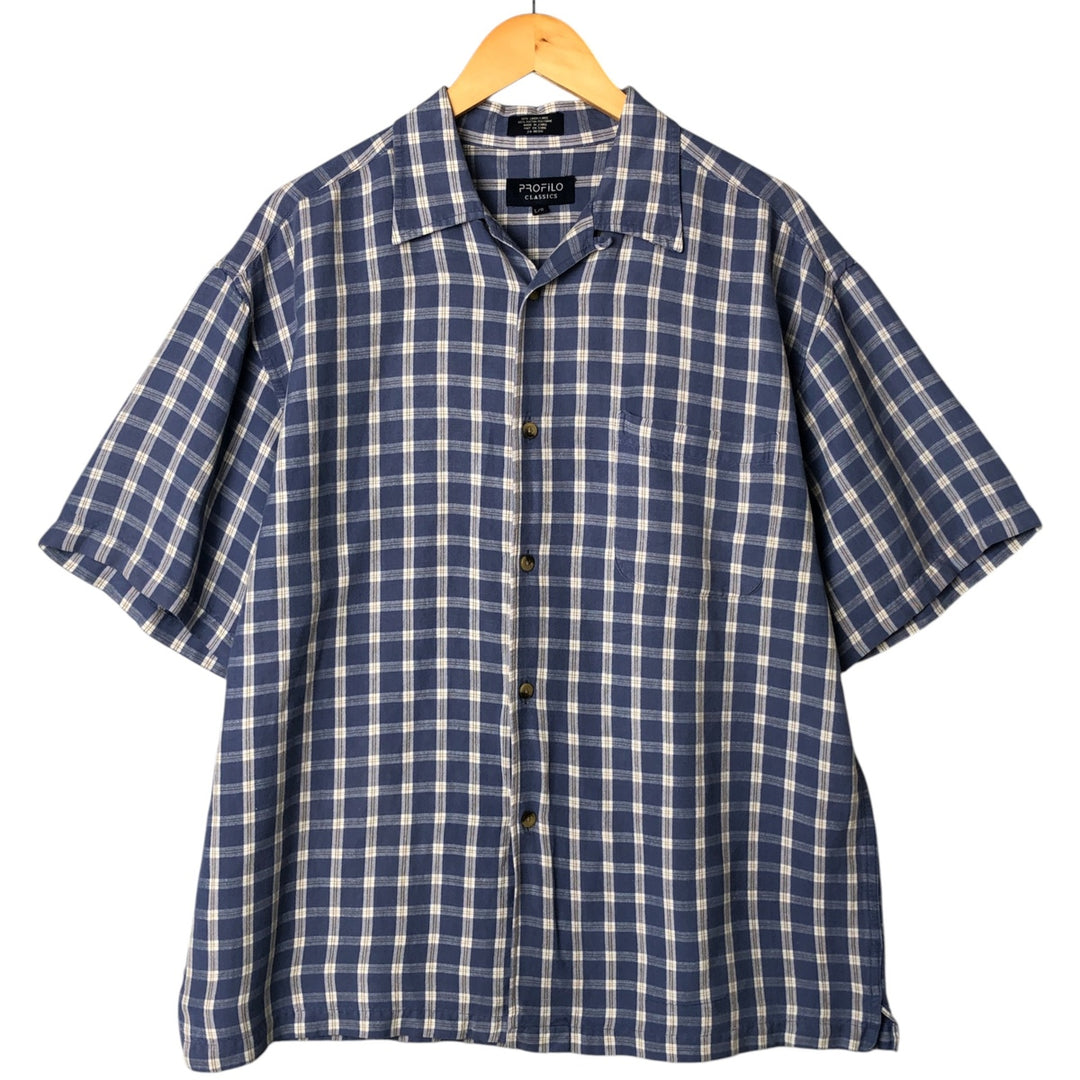 PROFILO CLASSICS Check Pattern Short Sleeve Open Collar Rayon and Linen Box Shirt, Men's Size L linen blue type Vintage Second Hand