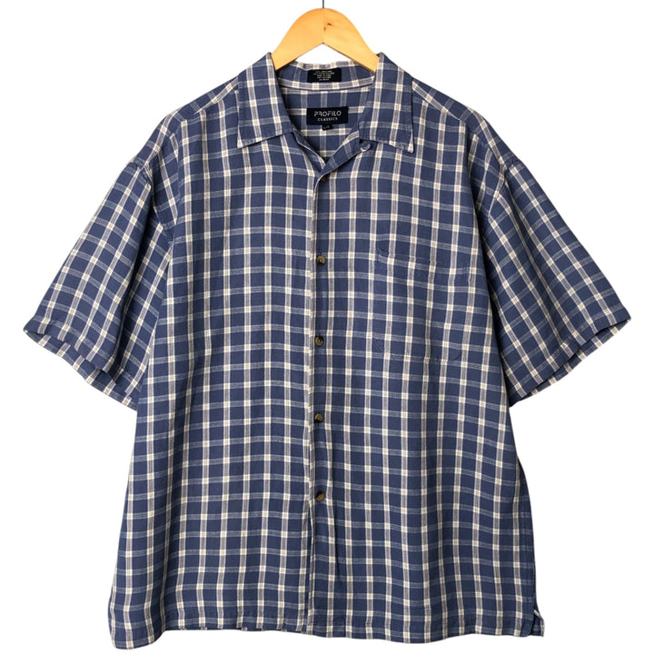 PROFILO CLASSICS Check Pattern Short Sleeve Open Collar Rayon and Linen Box Shirt, Men's Size L linen blue type Vintage Second Hand
