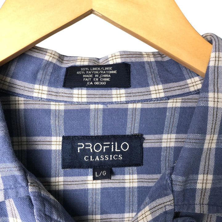 PROFILO CLASSICS Check Pattern Short Sleeve Open Collar Rayon and Linen Box Shirt, Men's Size L linen blue type Vintage Second Hand