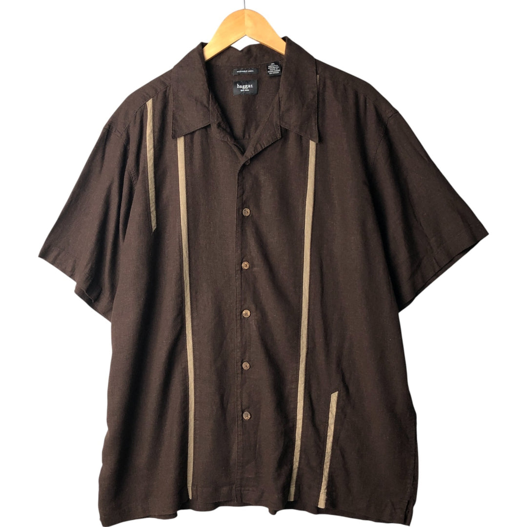 00'S Haggar open collar linen x rayon short sleeve two-tone shirt box shirt men's XXL size linen brown type Vintage Second Hand