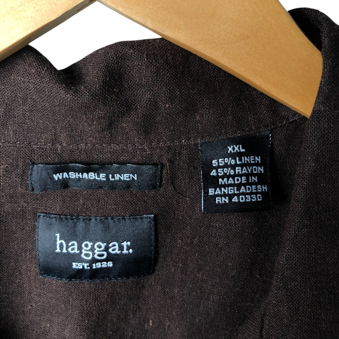00'S Haggar open collar linen x rayon short sleeve two-tone shirt box shirt men's XXL size linen brown type Vintage Second Hand