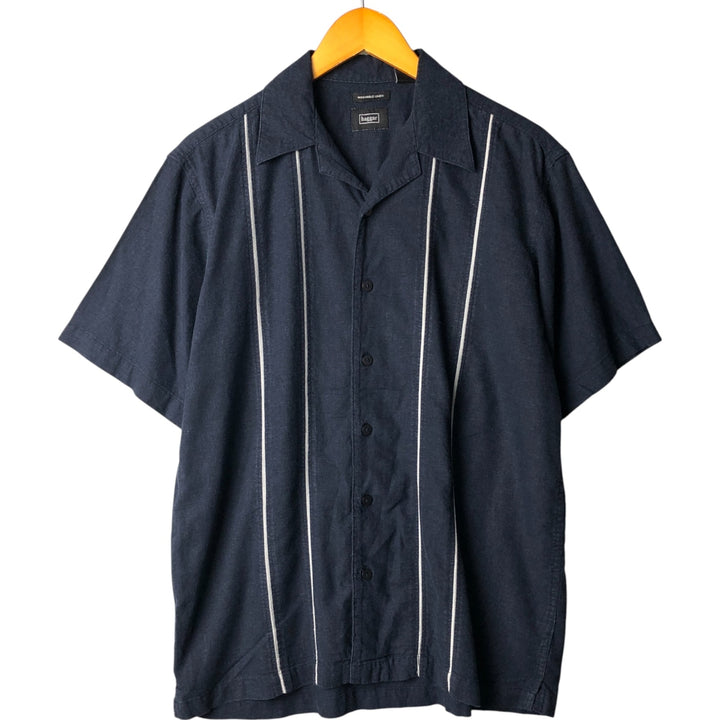 00'S Haggar open collar linen x rayon short sleeve two-tone shirt box shirt men's size M linen navy blue type Vintage Second Hand
