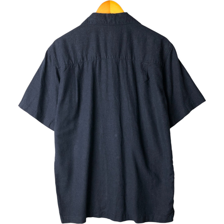 00'S Haggar open collar linen x rayon short sleeve two-tone shirt box shirt men's size M linen navy blue type Vintage Second Hand