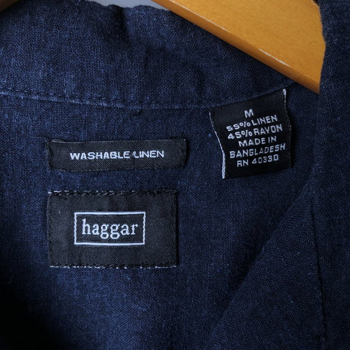 00'S Haggar open collar linen x rayon short sleeve two-tone shirt box shirt men's size M linen navy blue type Vintage Second Hand