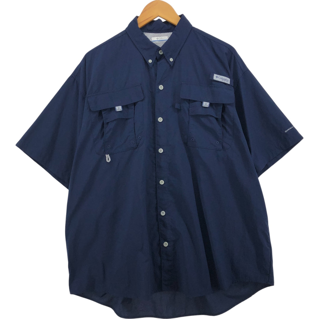 Columbia PFG OMNI-SHADE Button-down Short Sleeve Fishing Shirt, Men's Size L Nylon navy blue type Vintage Second Hand