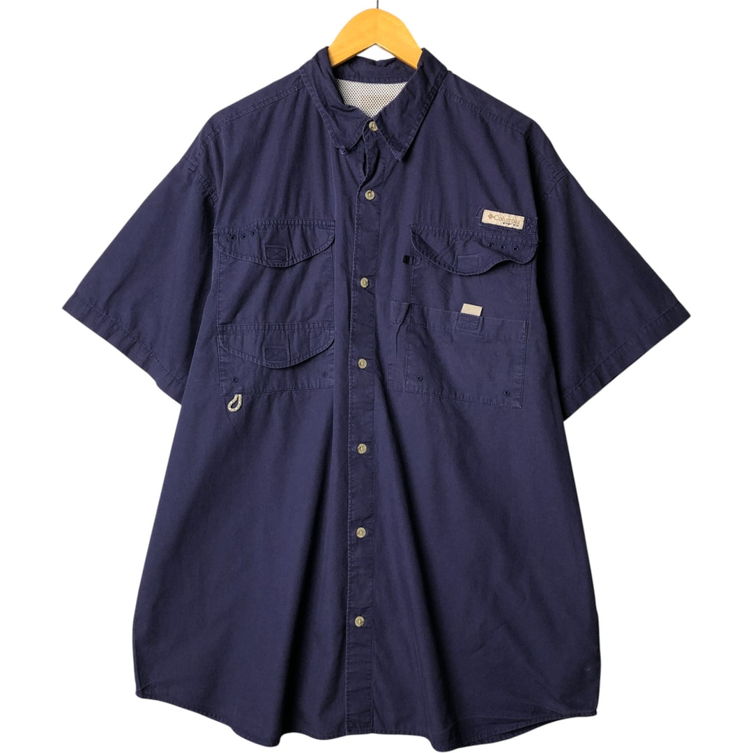 Columbia PFG Hidden Button Down Short Sleeve Fishing Shirt, Men's XL cotton navy blue type Vintage Second Hand