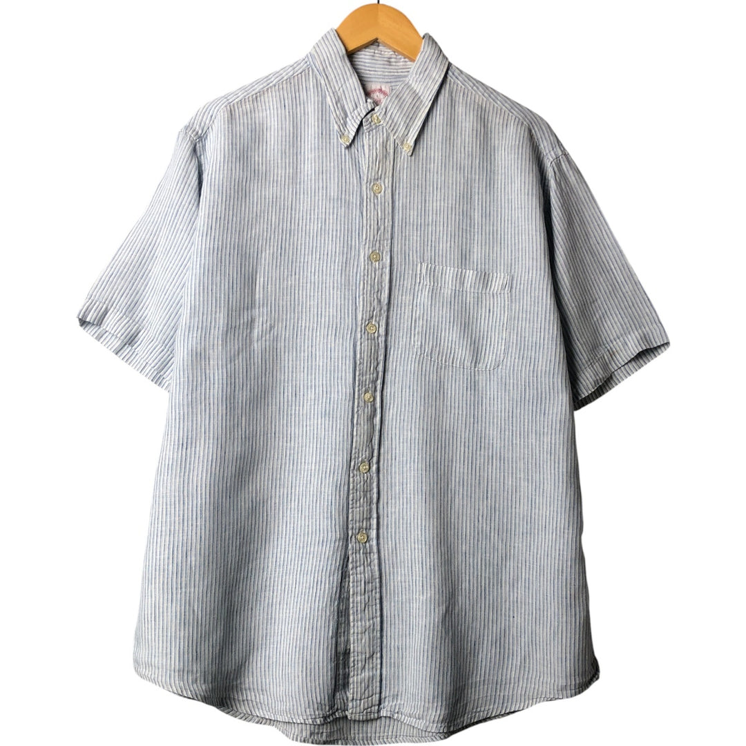 Brooks Brothers 346 Stripe Pattern Short Sleeve Linen Button Down Shirt Men's Size L linen white type Vintage Second Hand