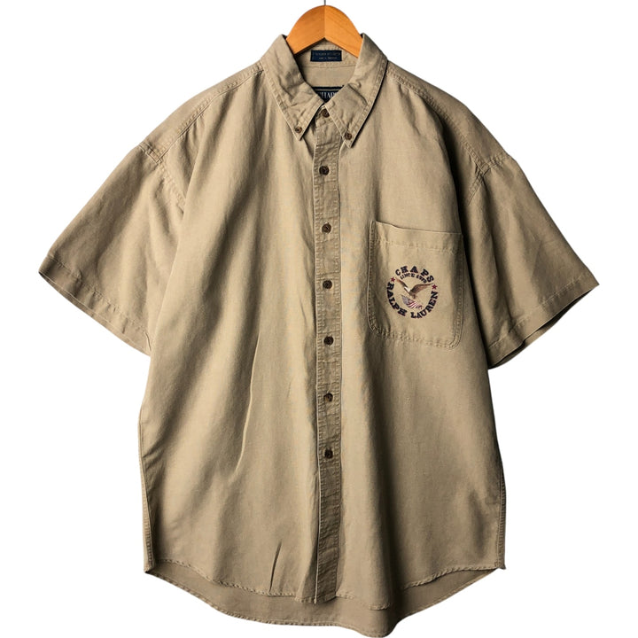 80'S Ralph Lauren Chaps Eagle Pattern Stars and Stripes Short Sleeve Linen x Cotton Button Down Shirt Men's Size L linen Beige type Vintage Second Hand