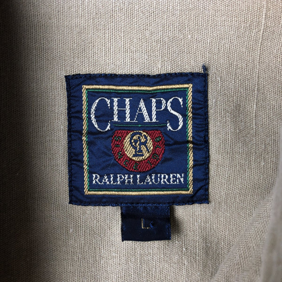 80'S Ralph Lauren Chaps Eagle Pattern Stars and Stripes Short Sleeve Linen x Cotton Button Down Shirt Men's Size L linen Beige type Vintage Second Hand