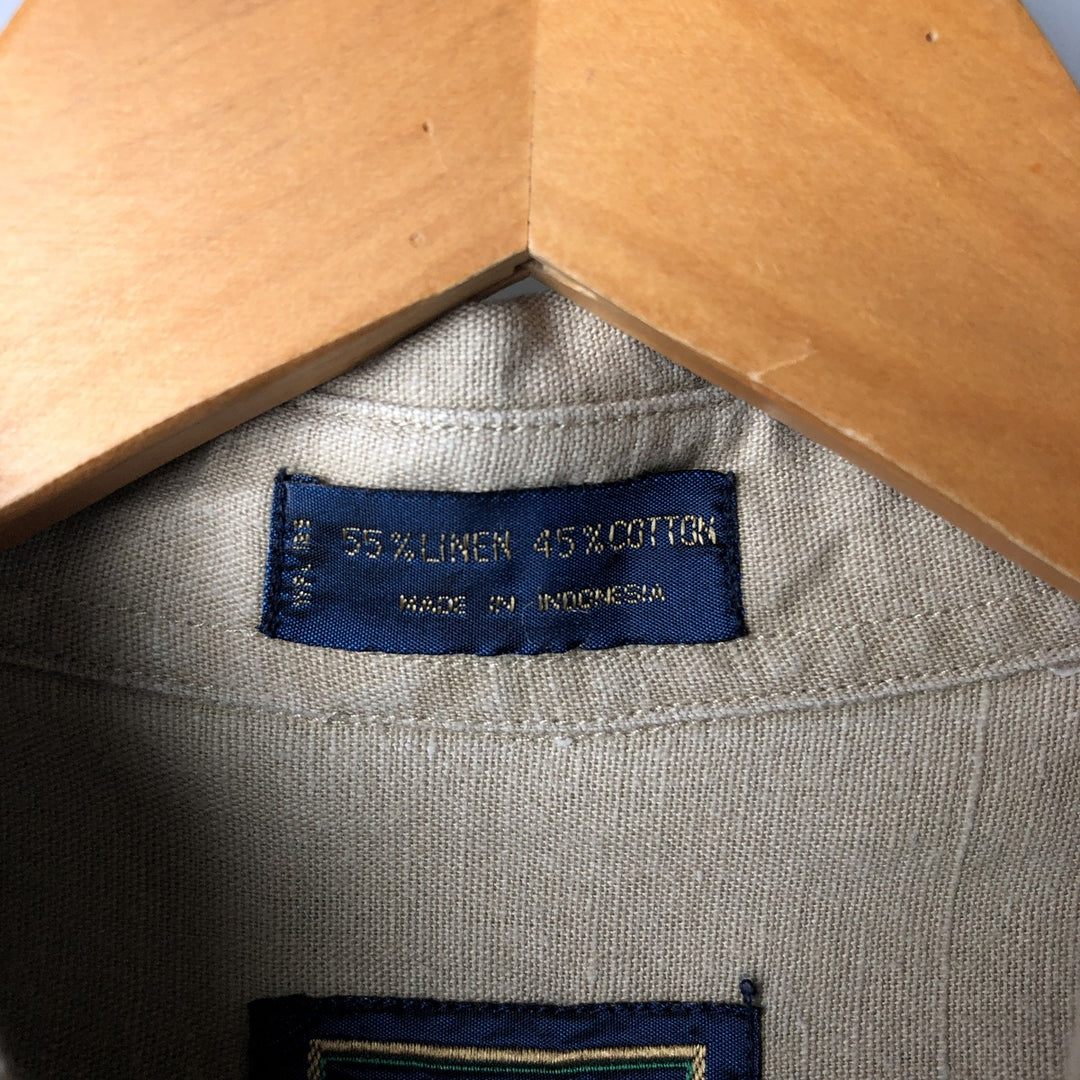 80'S Ralph Lauren Chaps Eagle Pattern Stars and Stripes Short Sleeve Linen x Cotton Button Down Shirt Men's Size L linen Beige type Vintage Second Hand
