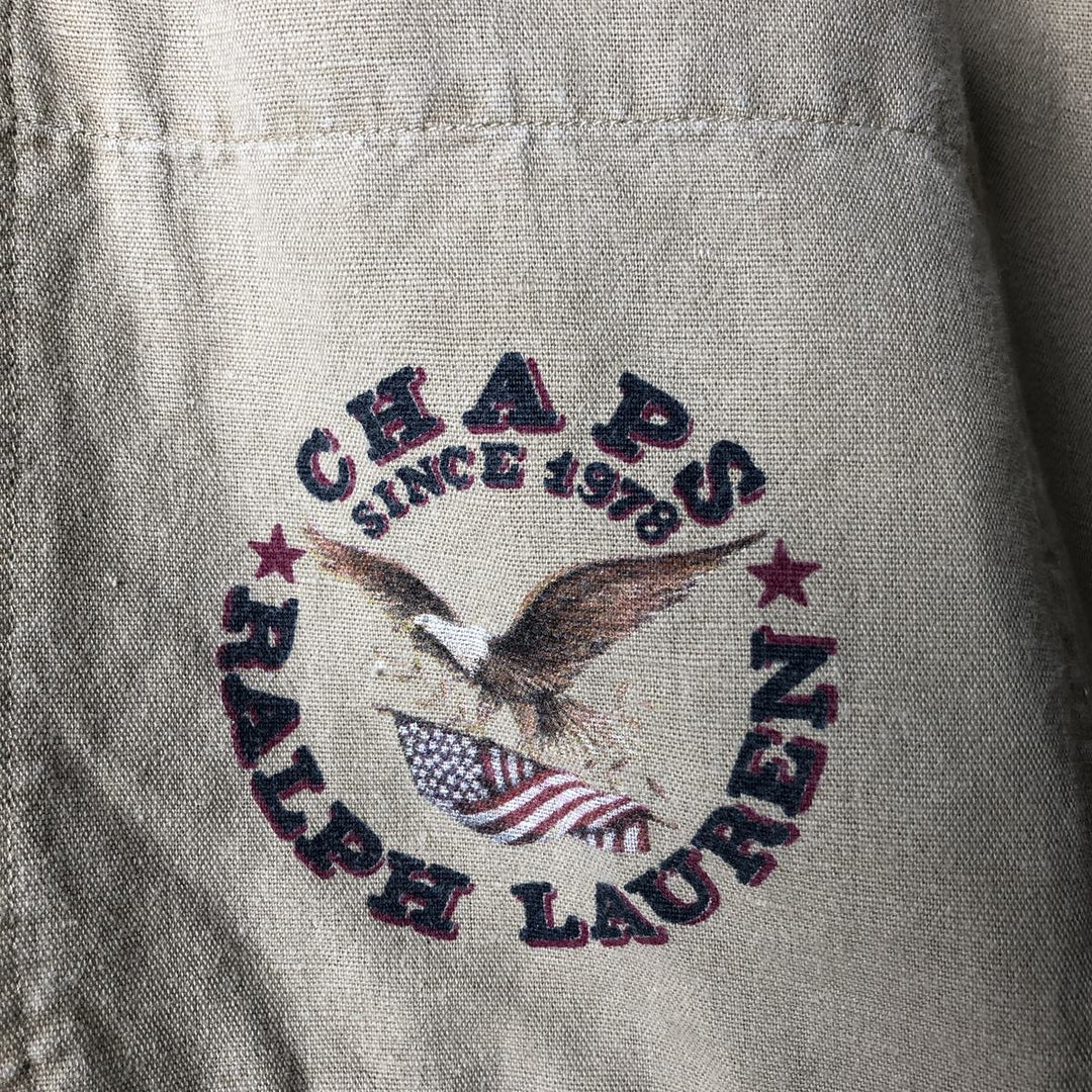 80'S Ralph Lauren Chaps Eagle Pattern Stars and Stripes Short Sleeve Linen x Cotton Button Down Shirt Men's Size L linen Beige type Vintage Second Hand