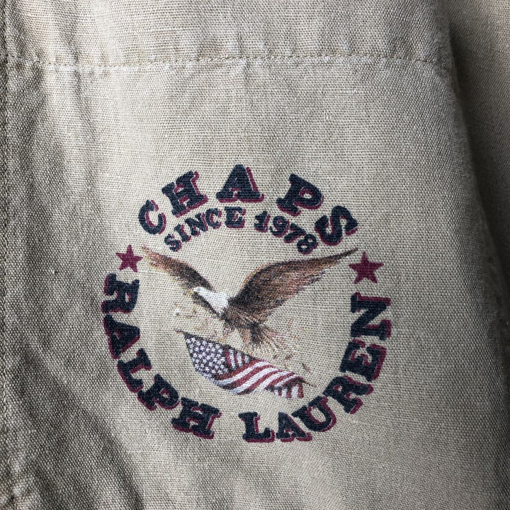 80'S Ralph Lauren Chaps Eagle Pattern Stars and Stripes Short Sleeve Linen x Cotton Button Down Shirt Men's Size L linen Beige type Vintage Second Hand