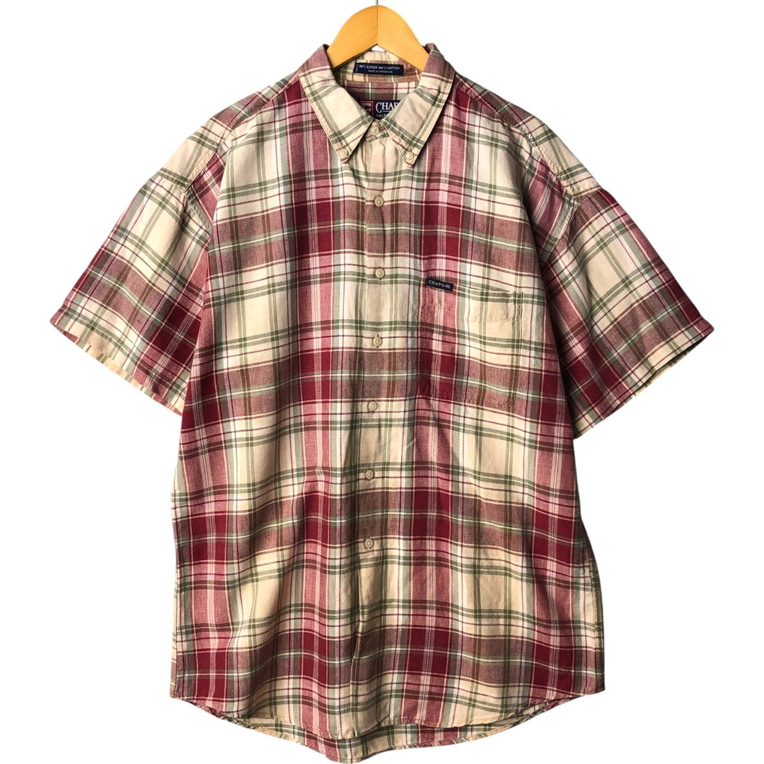 90'S Ralph Lauren CHAPS Tartan Check Short Sleeve Linen Button Down Shirt Men's Size L Vintage linen wine-red Vintage Second Hand